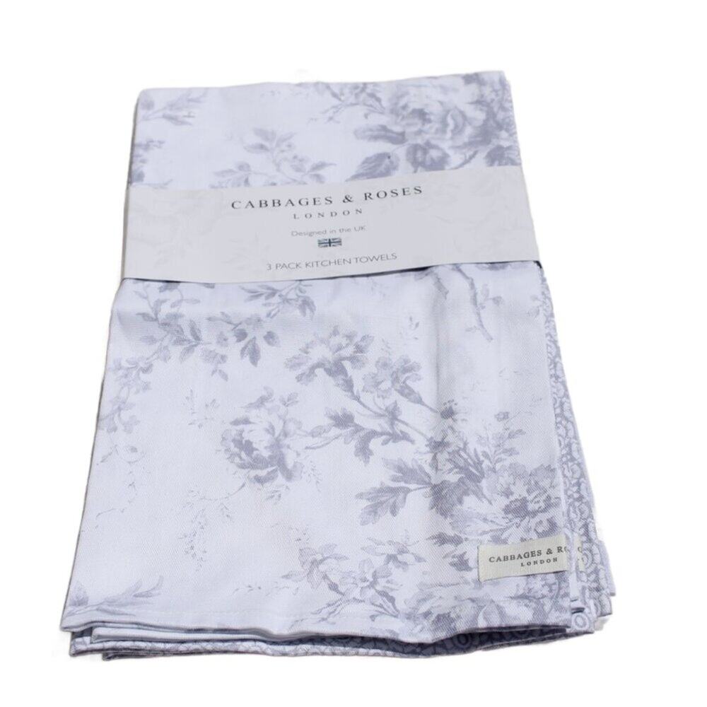 Cabbages & Roses London Kitchen Towel Set 3 Pc 100% Cotton Designed in the UK